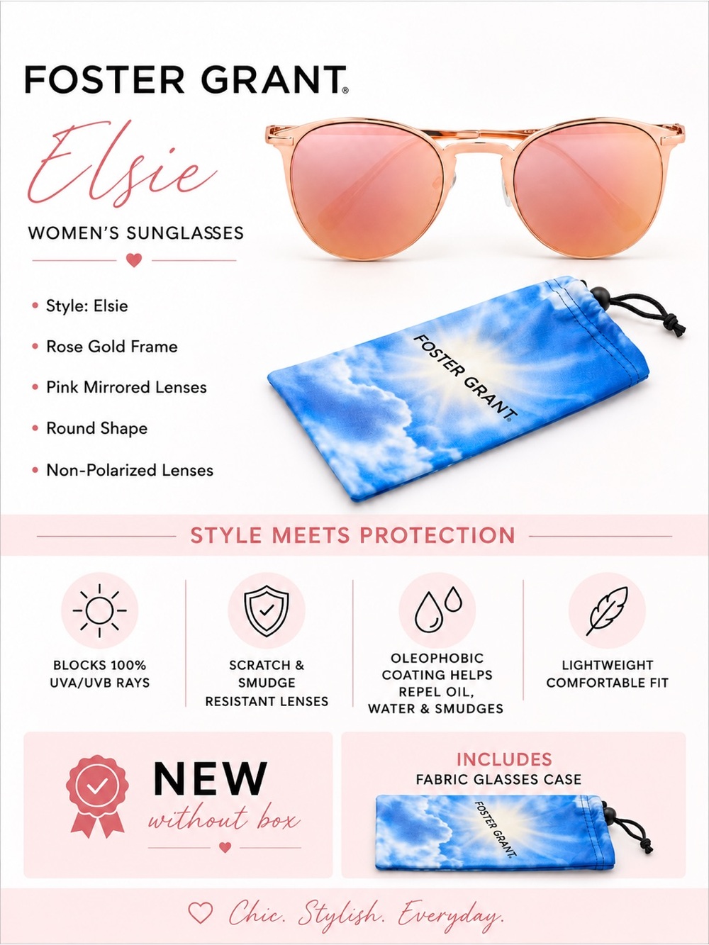 Foster Grant Elsie Rose Gold Round Sunglasses New With Case